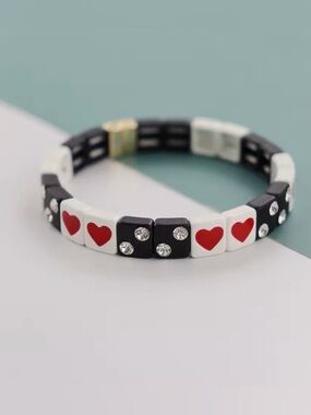 Roxanne Aussolin Authentic Black & White Bracelet With Red Hearts and Rhineston